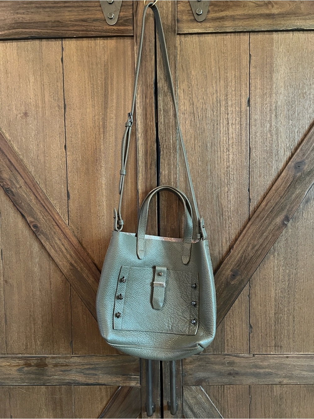 Botkier NWOT Grey Green Leather Bucket Tote with Stud Detail